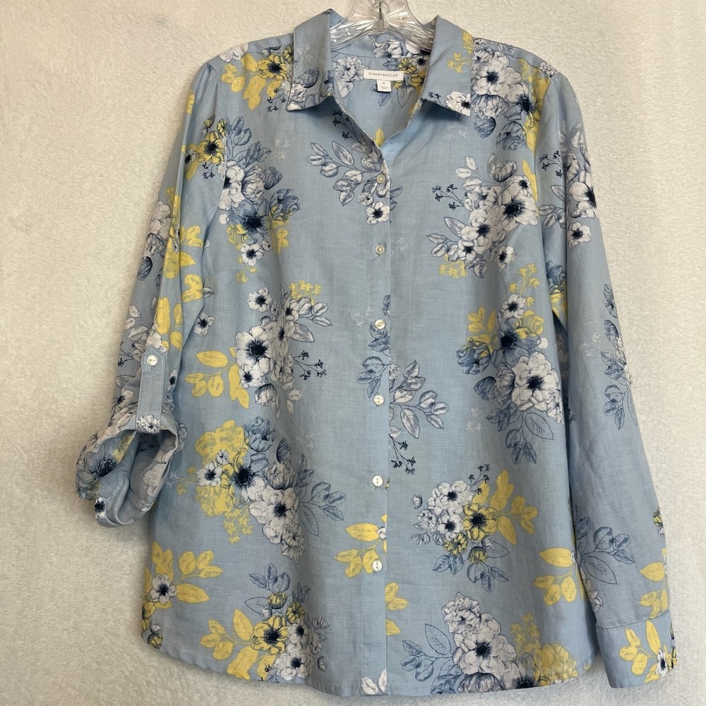 Charter Club Floral Print  Linen Cotton Button‎ Down Long Sleeve Shirt Blue Sz M